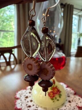 Brown and Cream Glass Bead Drop Earrings with Clear Accents